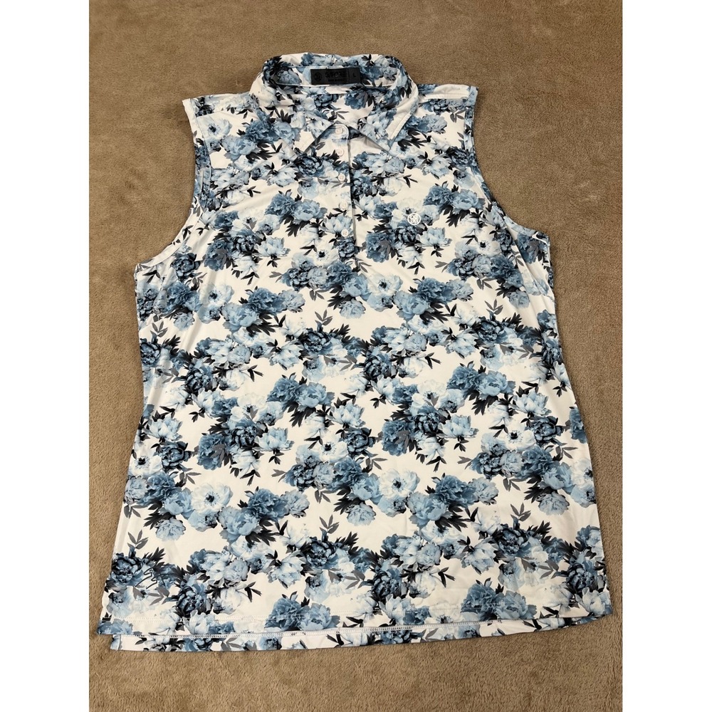 G/Fore Photo Floral Silky Top Women's Large White/Blue Tech Nylon Sleeveless EUC